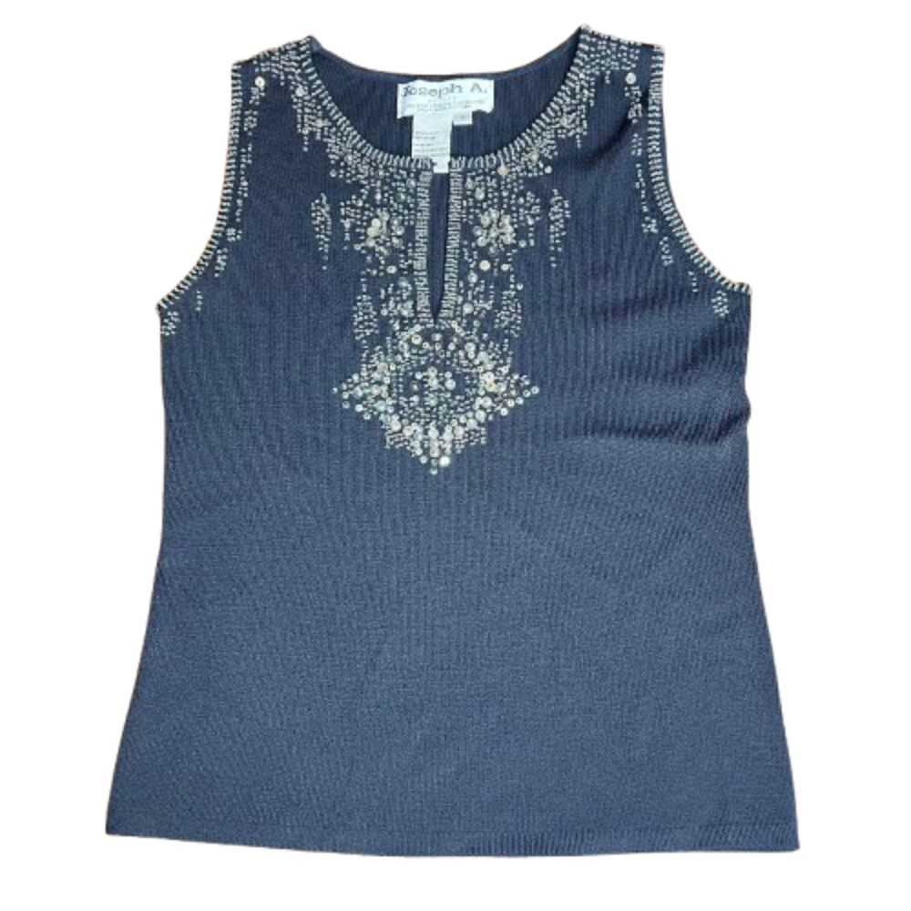 Joseph A Black Beaded Sleeveless Knit Top Y2K Embellished Tank Size S Petite